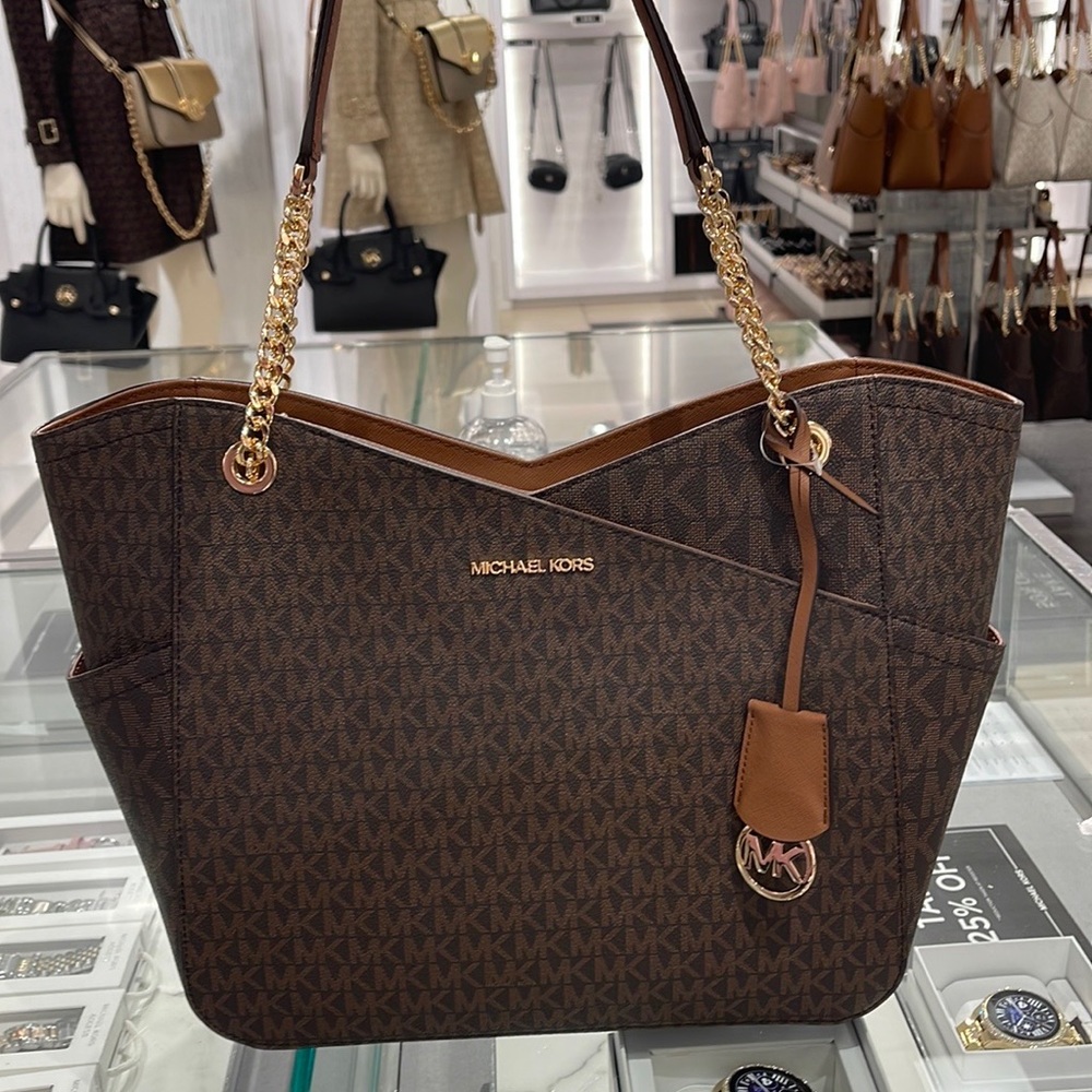 Michael Kors Jet Set Travel Large Chained Tote Shoulder Bag MK Brown